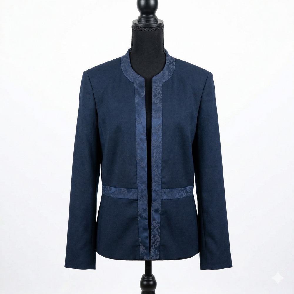 Oscar de la Renta Navy Blazer size 14 Collarless Open Floral Jacquard Trim $250